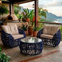Ver imagem 2 de Jogo 2 Poltronas e Mesa de Centro Tampo de Vidro Aço e Corda Náutica Azul Aruá Assento Bege
