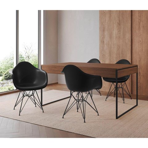 Mesa Jantar Industrial Amêndoa 137X90Cm Com 4 Poltronas Pretas Base Ferro Pr Cor: Amendoa