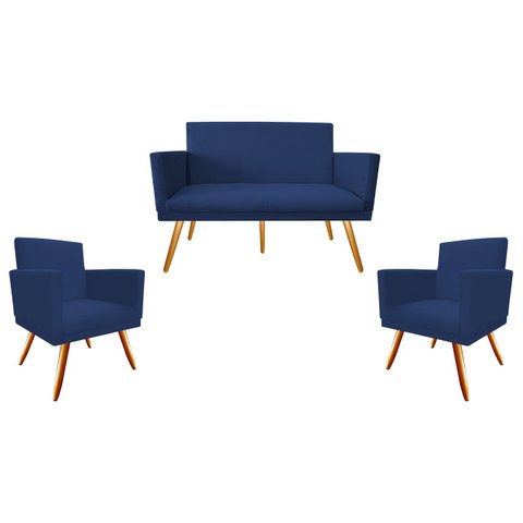 Kit Namoradeira + 2 Poltronas Decorativa Nina Suede Azul Marinho Pés Madeira Mz Decor