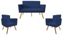 Ver imagem 1 de Kit Namoradeira + 2 Poltronas Decorativa Nina Suede Azul Marinho Pés Madeira Mz Decor