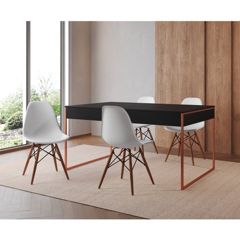 Mesa Jantar Industrial Retangular Filadélfia Preta 137x90cm Base Cobre com 4 Cadeiras Brancas Eiffel