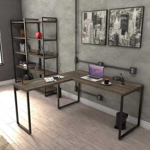 Conjunto 3 Peças com Mesa para Escritório em L Kuadra e 2 Estantes Multiuso 5 Prateleiras Industrial preta