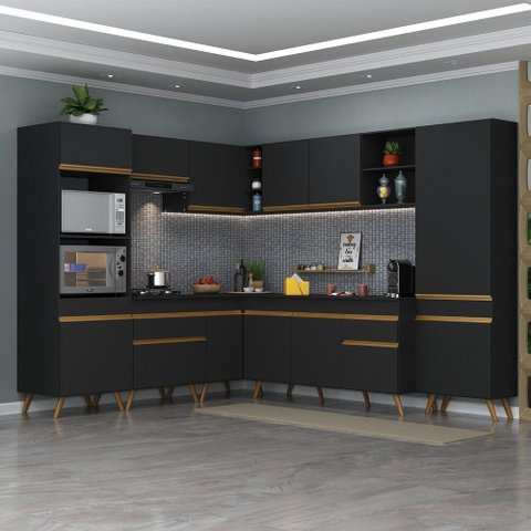 Armário de Cozinha Completa de Canto Veneza Multimóveis V2047 Preto/dourado