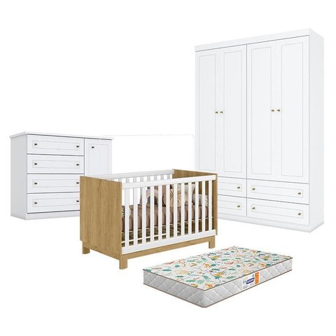 Quarto de Bebê Americano 4 Portas Com berço Americano Mini Cama Q Encanto Slim Freijó Branco