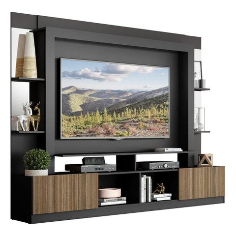 Estante Com Suporte Tv 65" Prateleiras C/ Espelho Oslo Multimóveis V3385 Preto/Madeirado