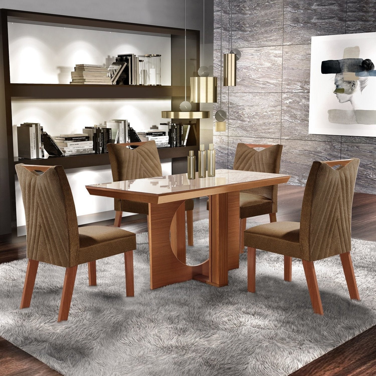 Conjunto de Sala de Jantar com Mesa e Quatro Cadeiras Marrons