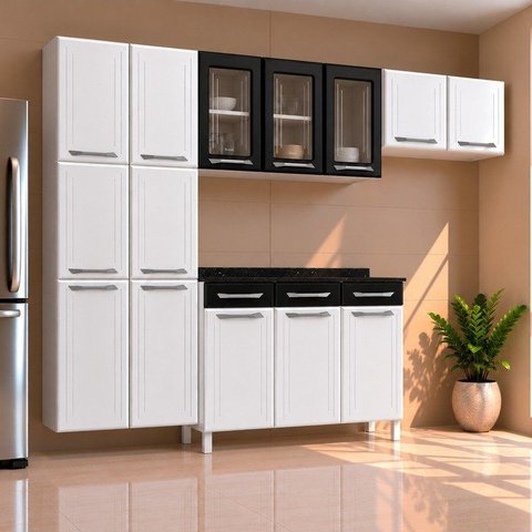 Cozinha de Aço Completo Modulado com Vidro 4 Peças Topázio Branco/Preto