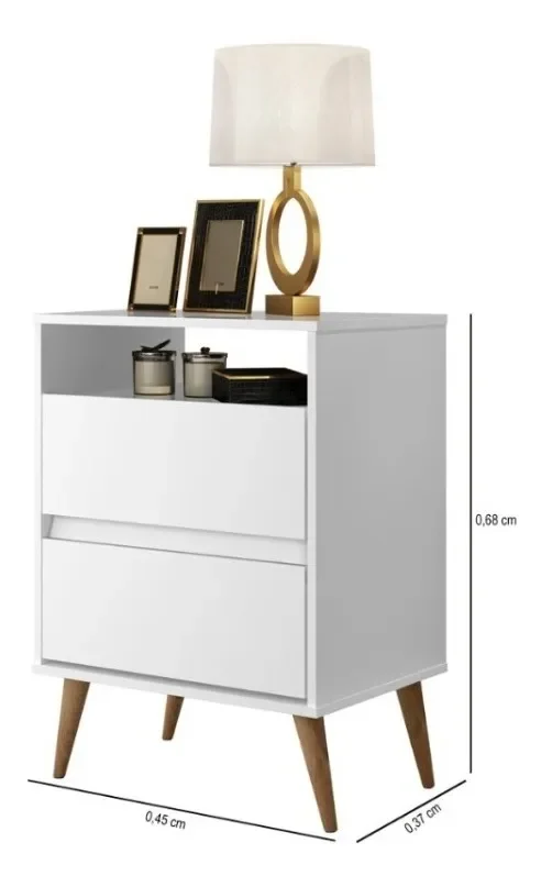 Ver imagem 2 de Mesa de Cabeceira Estilo Retrô Pés Palito 2 Gavetas Texas - Branco - Comprar Moveis em Casa
