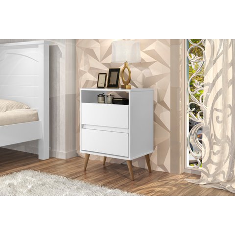 Mesa de Cabeceira Estilo Retrô Pés Palito 2 Gavetas Texas - Branco - Comprar Moveis em Casa