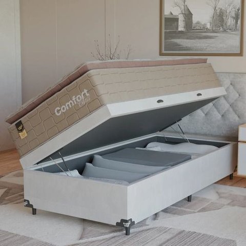 Cama Box Baú Solteiro + Colchão Comfort Class Pillow Top Bege/suede Branco