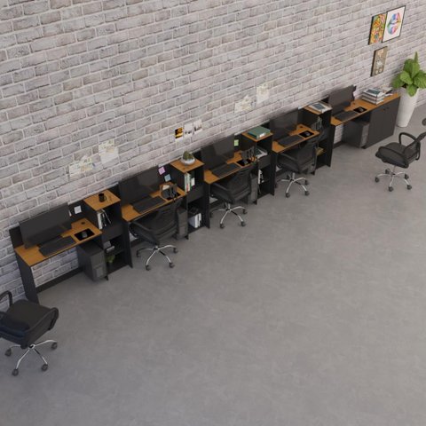 Conjunto de Escritório Smart 4 Livreiro 1 Buffet e 5 Mesas 90cm - Preto e Cedro