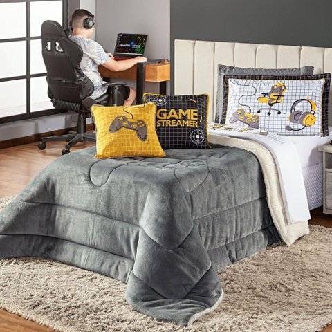 Kit Coberdrom Game Streamer Cinza C/ Almofadas Solteiro 04 Peças - Dupla Face Sherpa e Mantinha