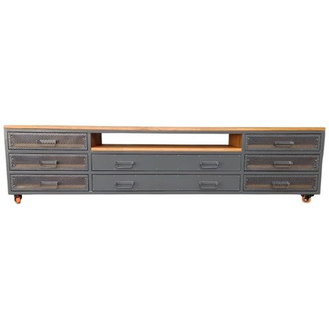 Rack de Ferro e Madeira Modelo Industrial com 8 Gavetas - Cores Cinza e Castanheira