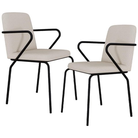Kit 02 Cadeiras Estofada para Sala de Jantar com Braço Loft Preto C01 Linho Areia - Lyam Decor