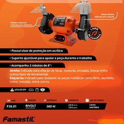 Moto Esmeril de Bancada 6" 360w Monofásico Bivolt Famastil - 8