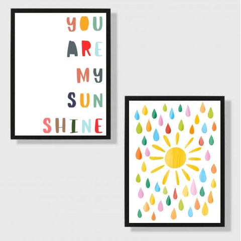 Kit 2 Quadros Infantis My Sunshine 33x24cm - com vidro:Madeira preta