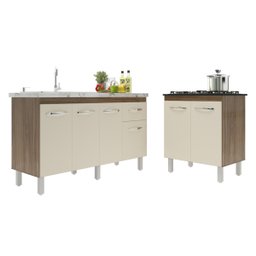 Balcão Armário Gabinete para Pia 138 Cm Camila e Balcão para Cooktop 5 Bocas Fran Savana Off White - 5