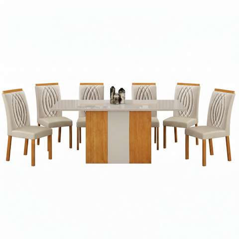Conjunto Sala de Jantar Doha 1,60m Tampo Copo Off White com 6 Cadeiras Cinamomo/Off/Joli Palha
