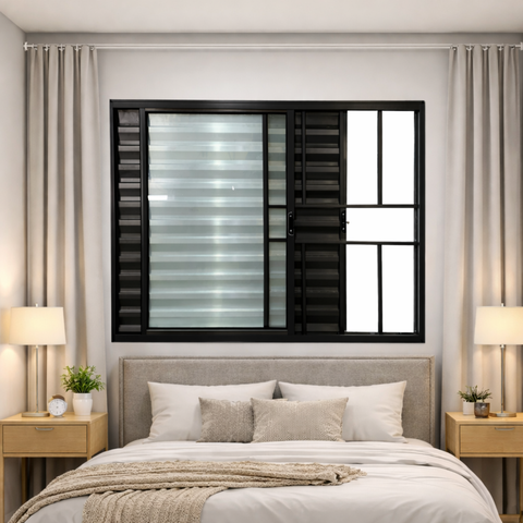 Janela Veneziana 3 Folhas com Grade Alumínio Preto 120x120 Linha Esmeralda