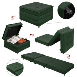 Puff que Vira Cama Solteiro com Rodinha com Bau Decoração para Sala Quarto Apartamento Estofado:verd - 1