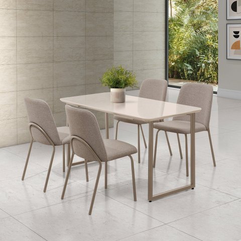 Conjunto para Sala de Jantar com 4 Cadeiras Dora Bege/Champagne/Escuro/Off White