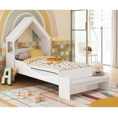 Cama Infantil com Cabeceira Casinha e Banco Lola 100% MDF Espresso Móveis Branco/Brilho