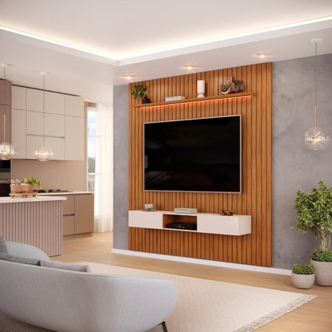 Painel com Bancada para Tv até 75 Polegadas Ripado com Led Dj Móveis Trento 223 Freijó Off White