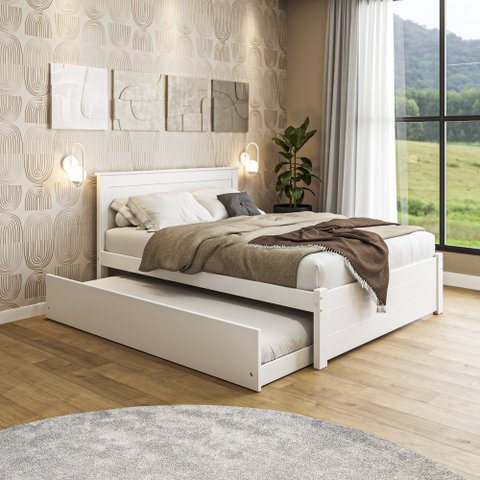 Conjunto Cama Casal Essenza com Cama Auxiliar em Madeira Maciça Mv Branco