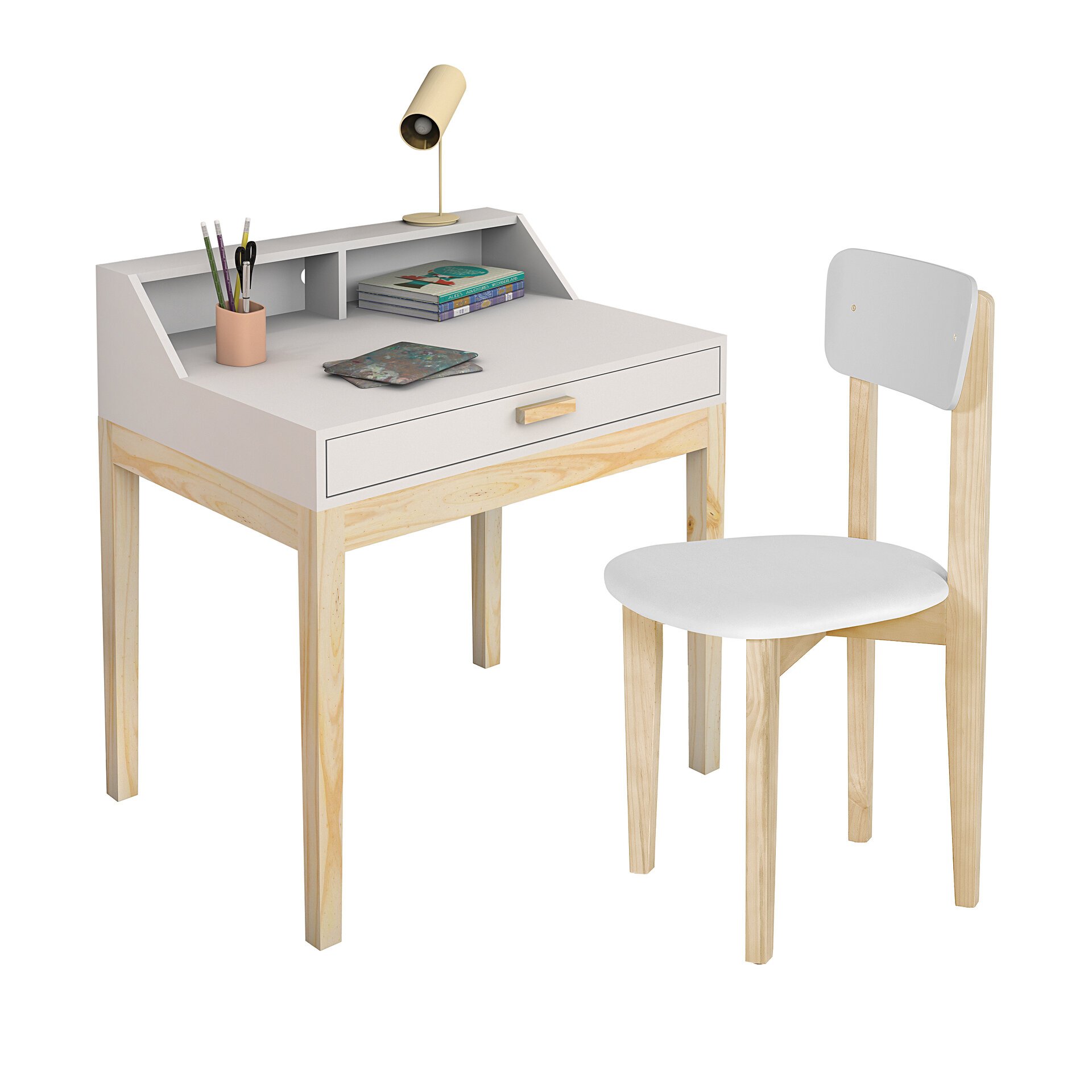 Mesa de Estudo Infantil Pés de Madeira Gaveta Nicho Mdf com Cadeira para Quarto:branco