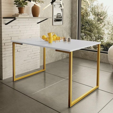 Mesa de Jantar Steel Estilo Industrial Pés de Aço 120x80cm Dourado/branco