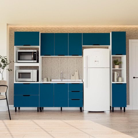 Cozinha Meena 5 Peças 310cm Armários Aéreos Torre Quente Paneleiro Balcão Branco/Azul 250056