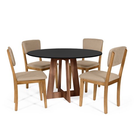 Mesa de Jantar Redonda Montreal Pret/nor com 4 Cadeiras Estofadas Ella Bege