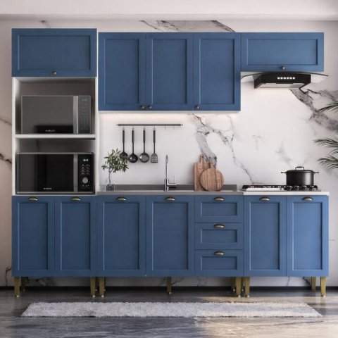 Armário Cozinha Americana Modulada Completa 260cm 5 Peças com Balcão Multimóveis CR20495 Branco/