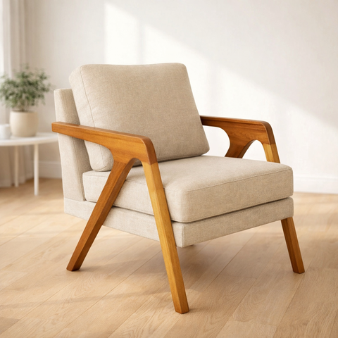 Poltrona Mona Luxo Madeira Maciça Linho Bege para Sala de Estar Decorativa Moderna