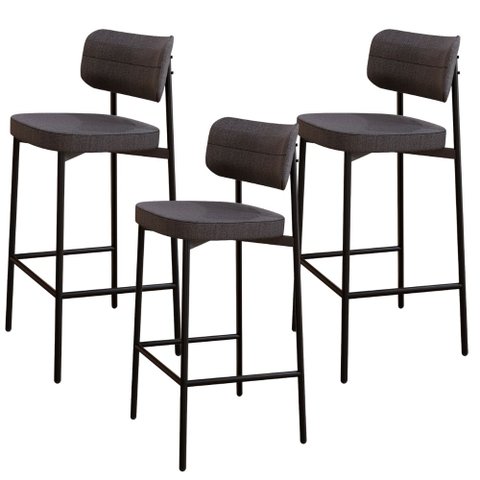 Kit 03 Banquetas Alta Bar Cozinha Sala de Jantar Aço Preto Kaira C01 Linho Preto - Lyam Decor