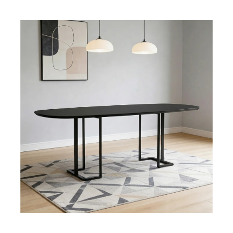 Mesa de Jantar 8 Lugares Retangular Orgânico com Vidro 200cm Pés Industrial Alina N01 Preto - Lyam D