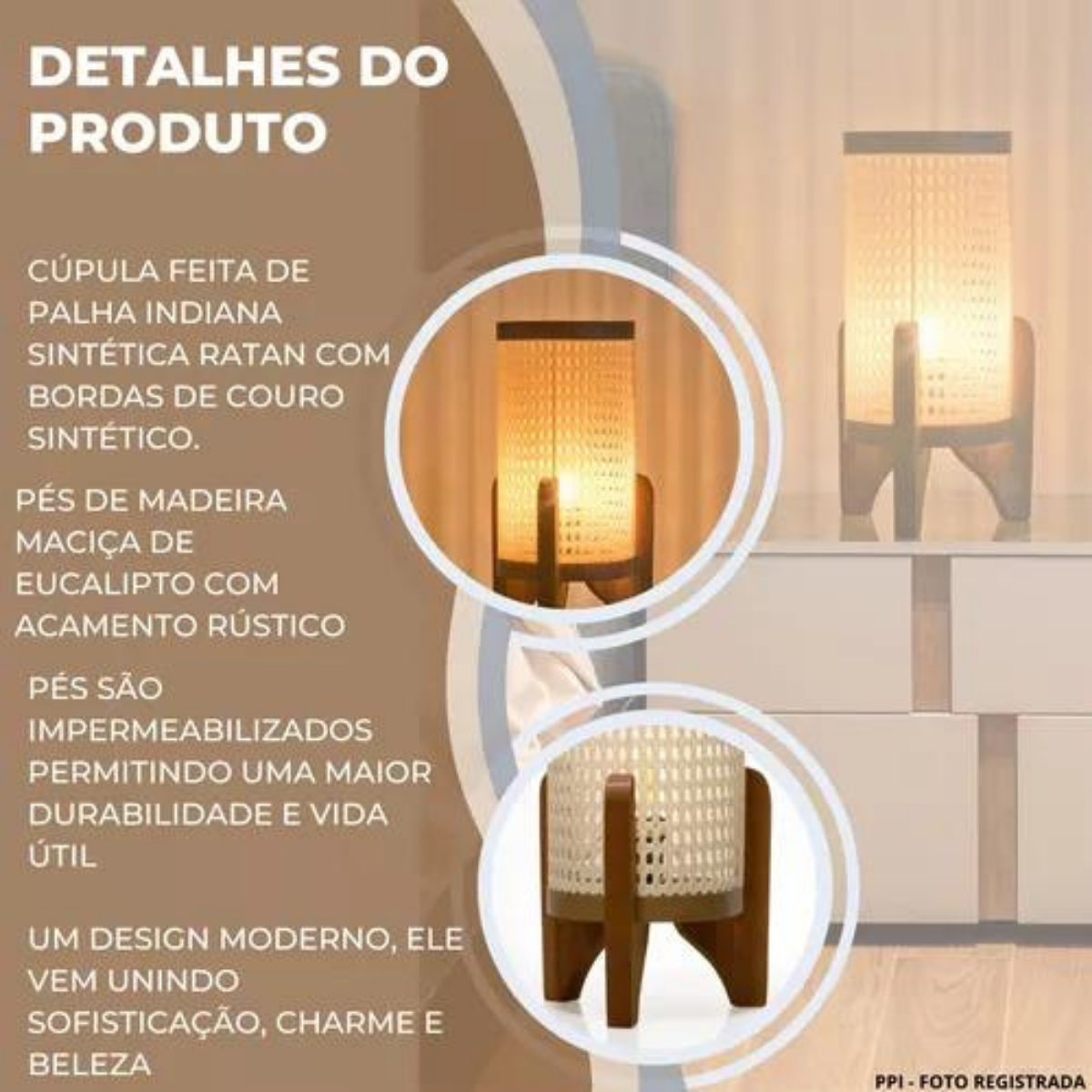 Conjunto Abajur Luminária Quarto Com Cúpula Em Tela:Luminária Palha - 3