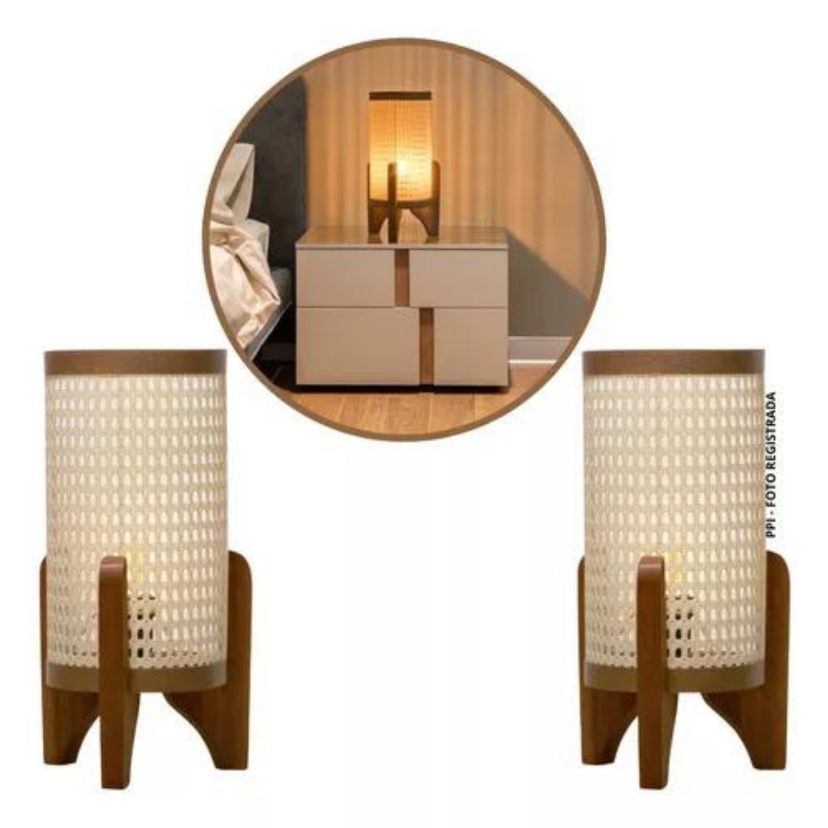 Conjunto Abajur Luminária Quarto Com Cúpula Em Tela:Luminária Palha - 2