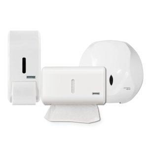 Kit Suporte Papel Higiênico Rolão + Saboneteira Líquida C/Reservatório 400ml + Dispenser Interfolha 