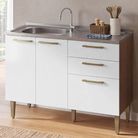 Balcão de Cozinha com Pia 105 cm 3 Portas 2 Gavetas Rustic/Branco Lille Madesa