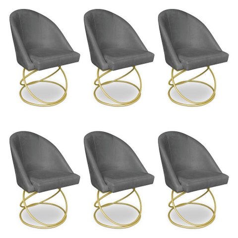 Kit 06 Cadeiras Poltrona de Jantar Bela Veludo Grafite Base Metálica Luxo Dourado - Pallazio