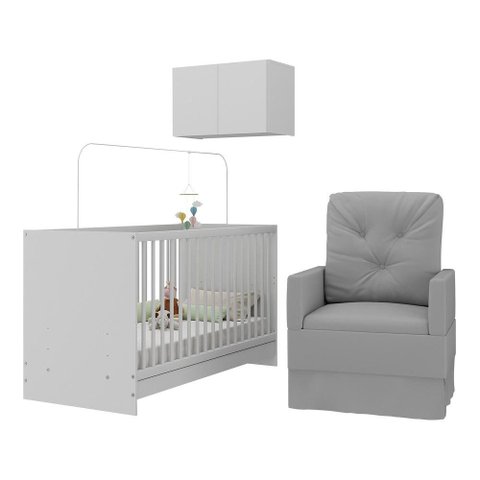 Berço 3 em 1 com Poltrona Amamentação e Armário Aéreo 2 Portas Multimóveis Mp4147 Branco/cinza