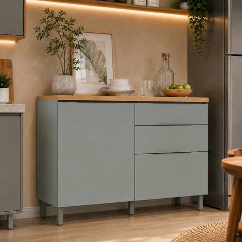 Balcão de Cozinha Modular Marquesa 120cm 1 Porta 3 Gavetas 100% MDF Nature/Verde - Nesher