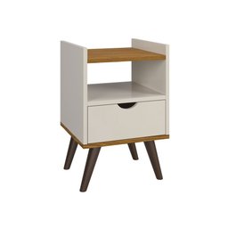 Mesa de Cabeceira Alice 1 Gaveta Nicho e Pés Retrô - Off White com Freijó - 3