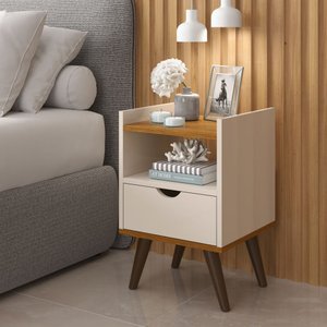 Mesa de Cabeceira Alice 1 Gaveta Nicho e Pés Retrô - Off White com Freijó