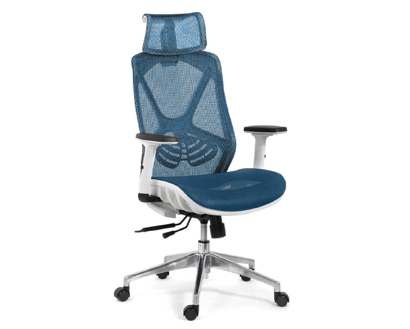 Cadeira de Escritório Tela Mesh Ergonômico - Cor Azul e Branco - Base Giratória Cromada