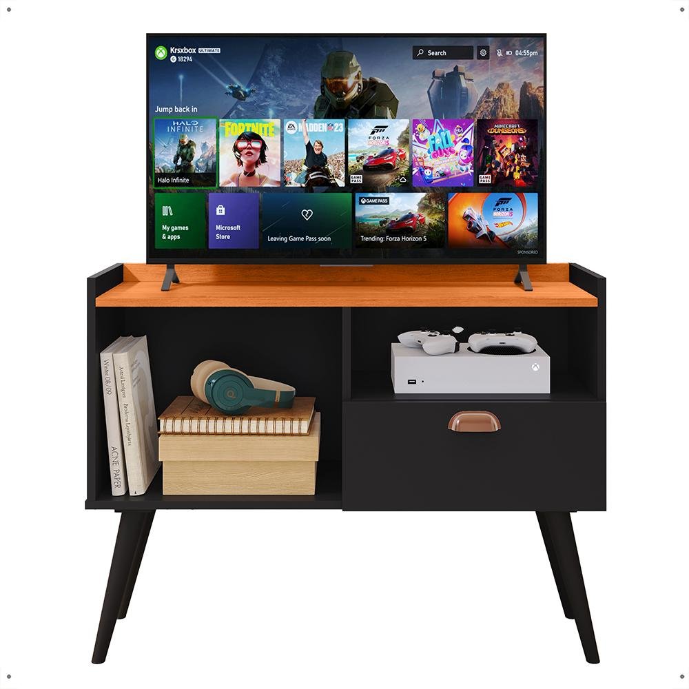 Rack Tv 32&quot; Home Estante Sala Estar Recepção 1 Porta 2 Nichos Pés Retrô Decoração Moderna -