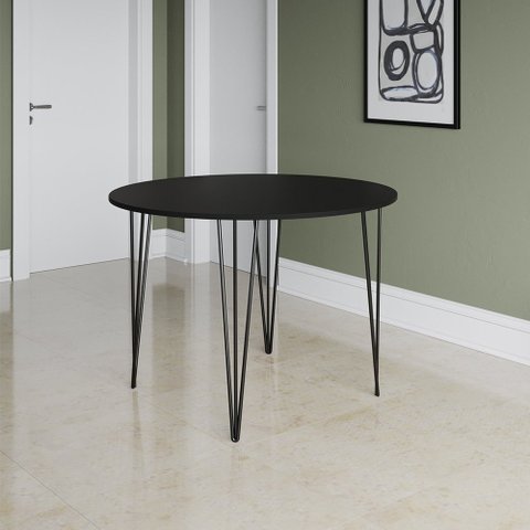 Mesa Jantar Redonda Preta Hairpin 90cm Elen Base Ferro Preto