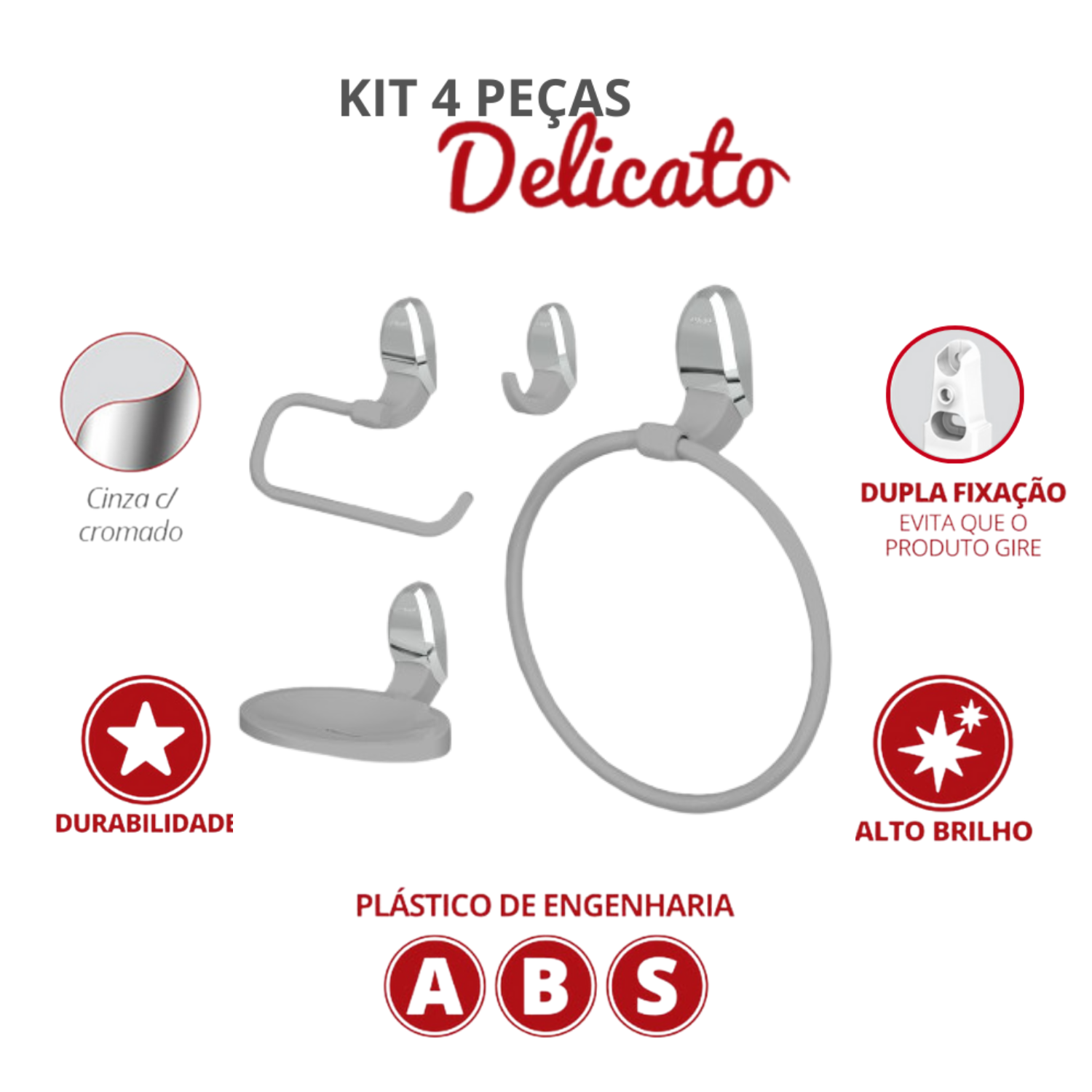 Kit Acessórios para Banheiro 4 Peças Linha Delicato Cor Cinza e Cromado Durín - 2