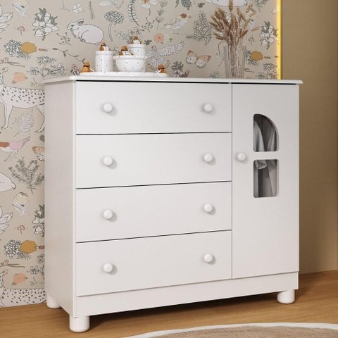 Cômoda Infantil 95cm 1 Porta com Vidro e 4 Gavetas Nina Multimóveis Mp4505 Branco